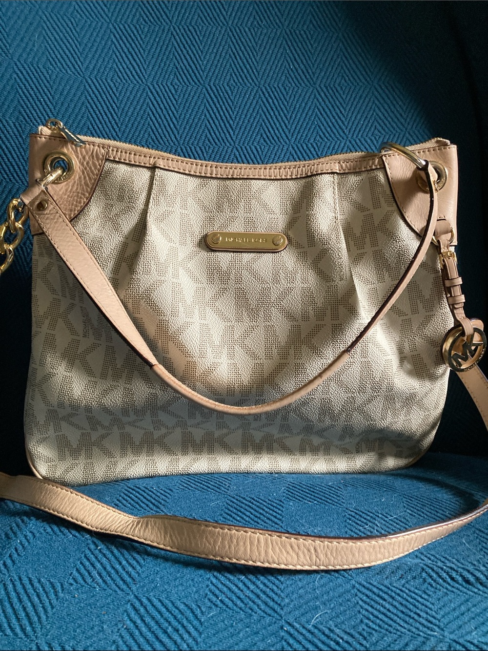 Michael Kors Beige MK Logo Shoulder Bag with light beige trim